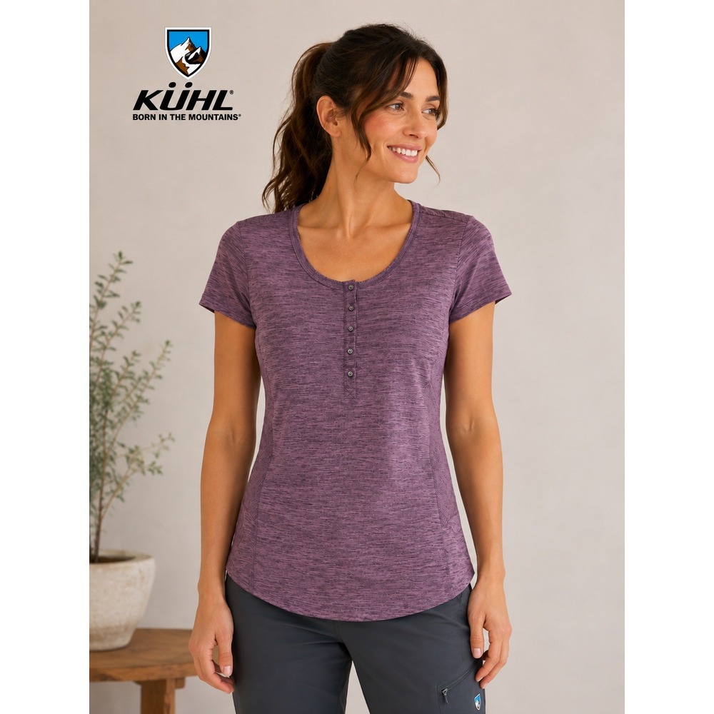 Kuhl Short Sleeve Henley Top Purple Heather Waffle Knit Activewear Size Medium